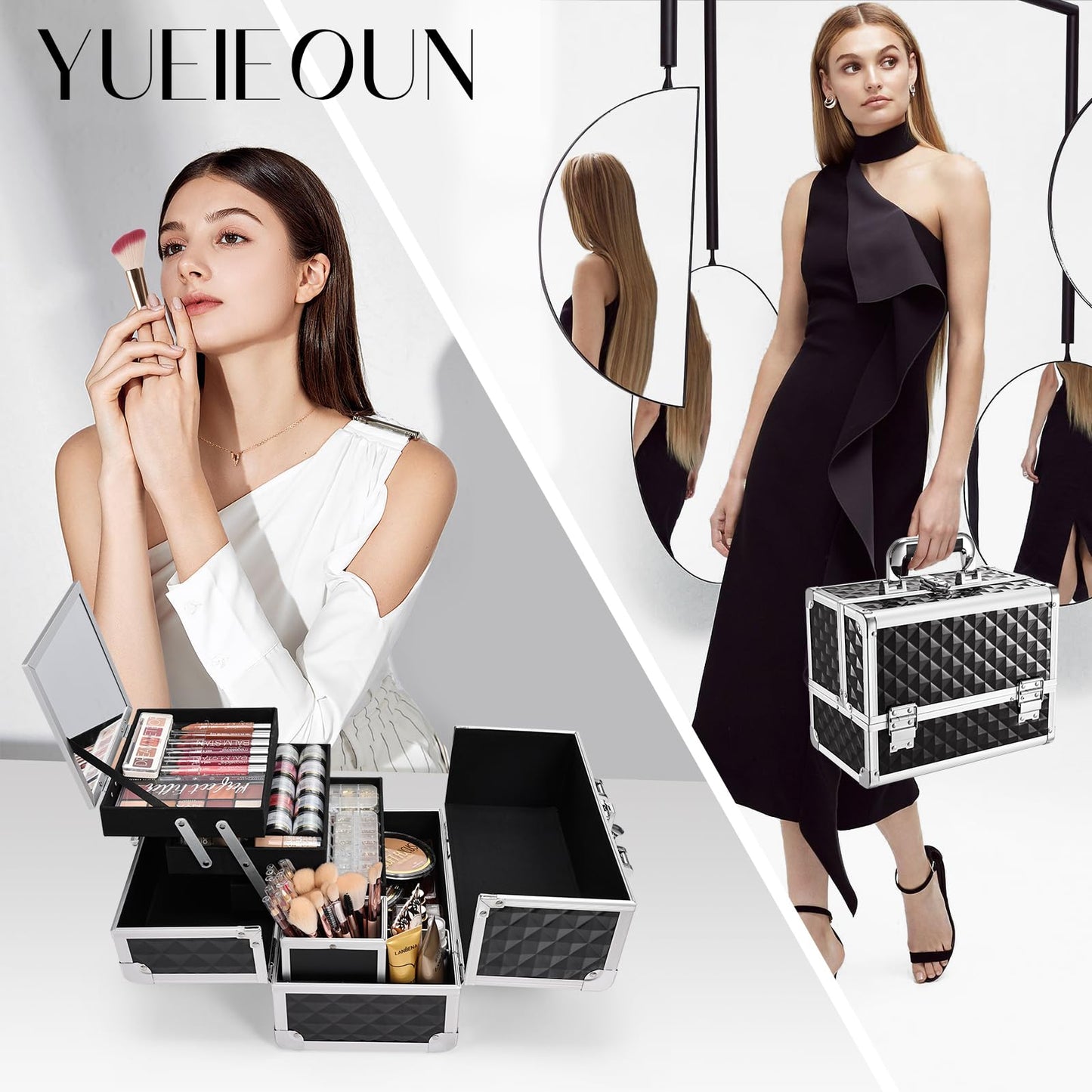 Yueieoun Professional Makeup Case Train Case, 11.6 Inch Extra Large Makeup Box, 3-Tier Trays with Mirror Travel Cosmetic Organizer with Brush Holder, Lockable with Keys, Black Large