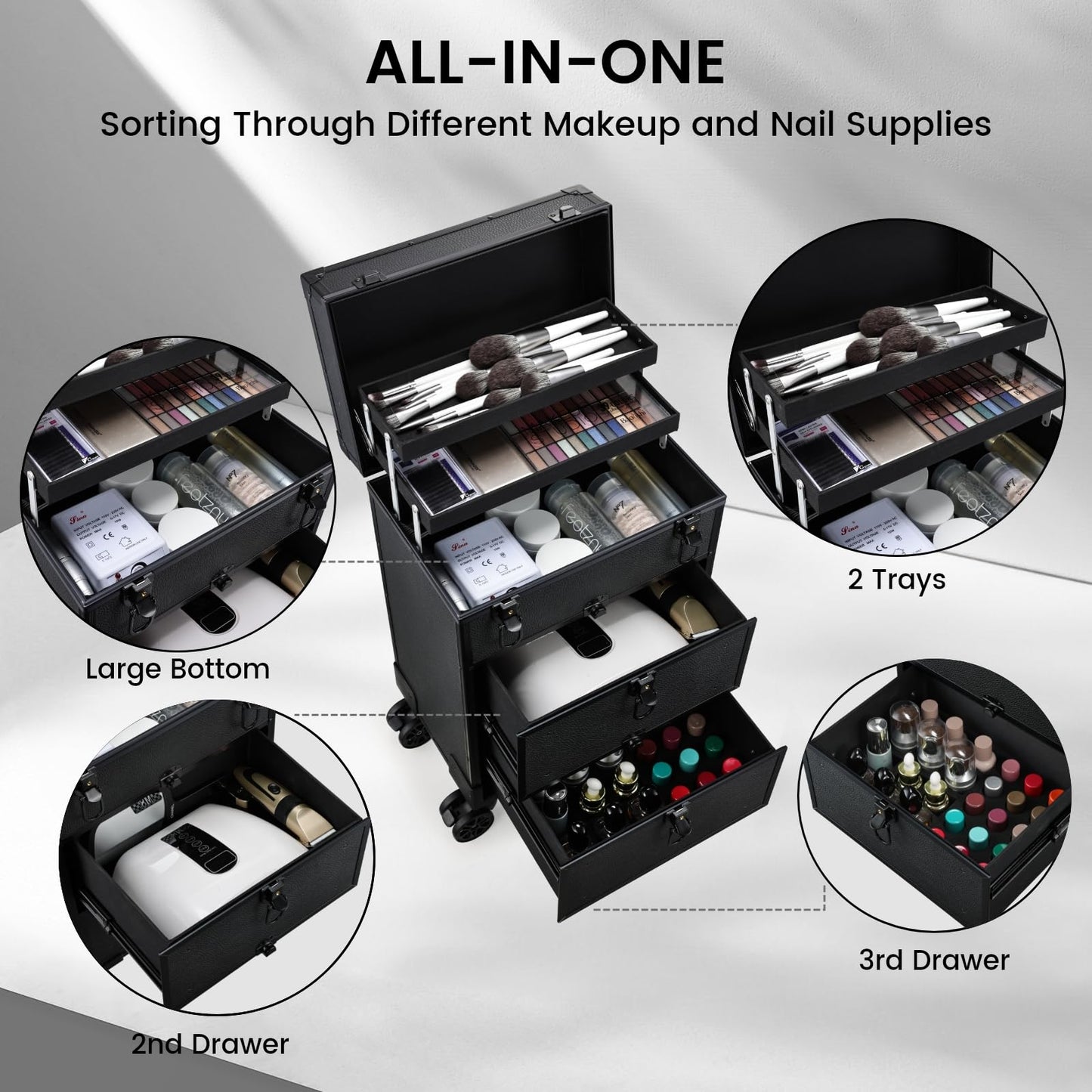 Yueieoun Rolling Makeup Train Case with 2 Extra Large Drawers Nail Organizer Case with Wheels Traveling Cosmetology Case with 2 Trays for Beauty Artist Nail Salon Sewing Cart Black