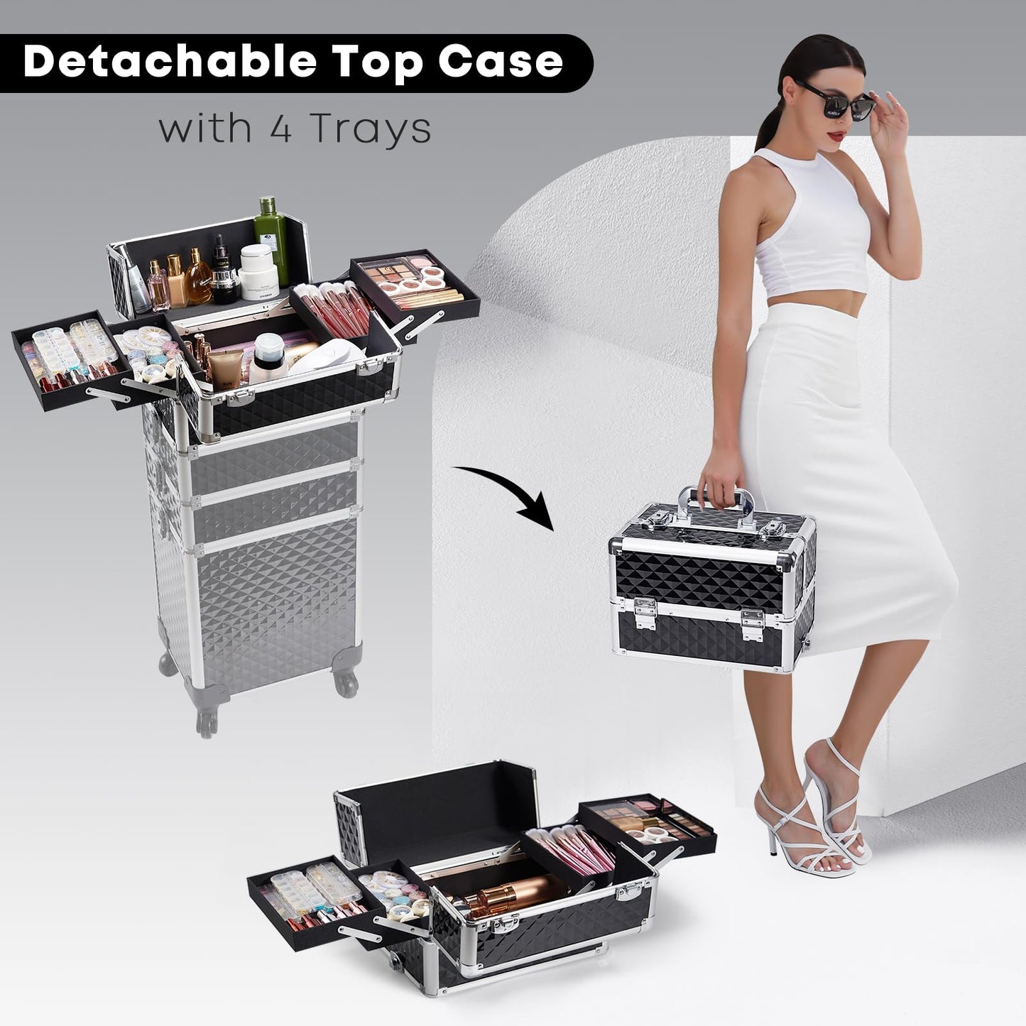 Yueieoun Rolling Makeup Train Case, 4-in-1 Rolling Makeup Case, Cosmetology Case on Wheels, Professional Train Case, Makeup Trolley Travel Cart with Key for MUA, Hairstylists, Nail Tech, Black