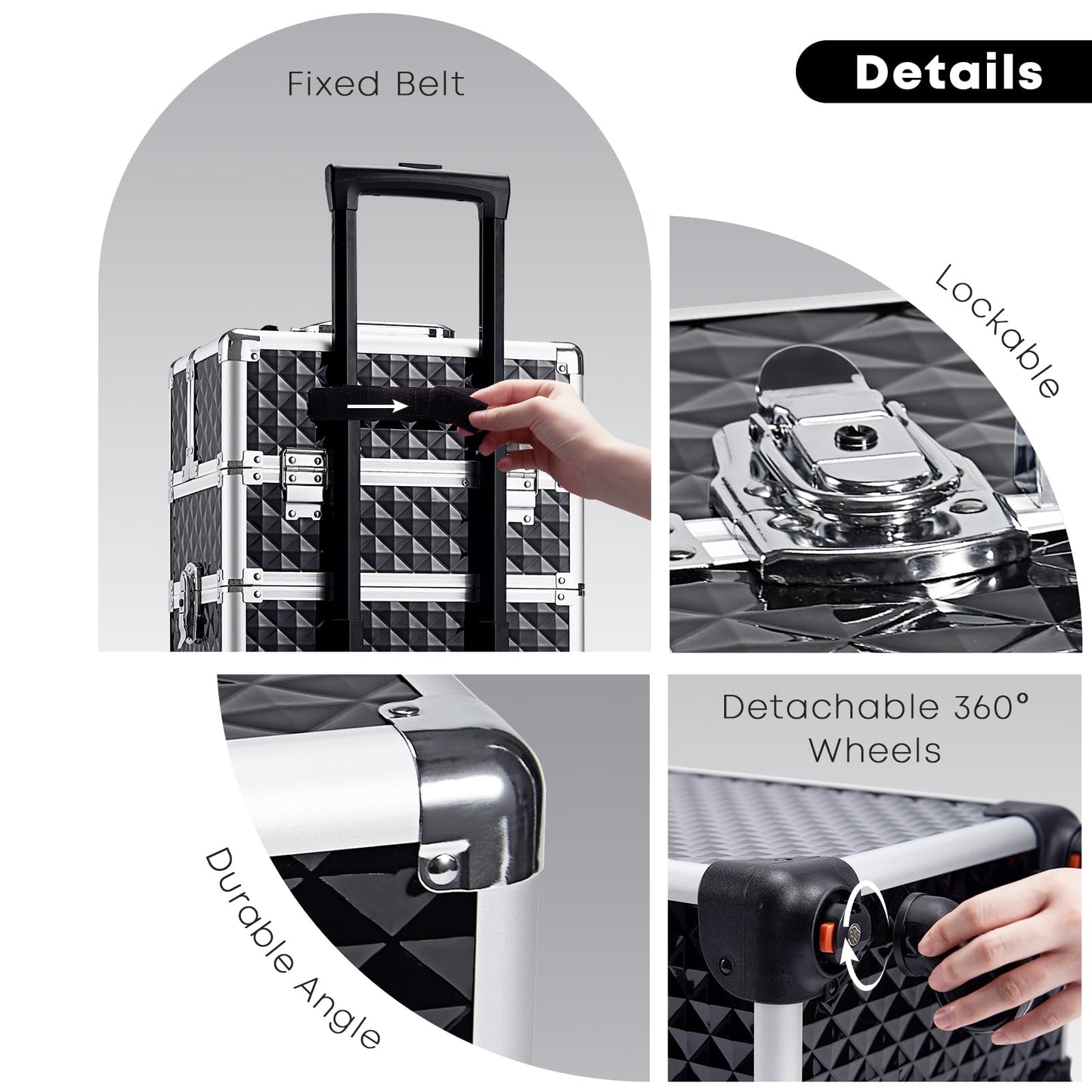 Yueieoun Rolling Makeup Train Case, 4-in-1 Rolling Makeup Case, Cosmetology Case on Wheels, Professional Train Case, Makeup Trolley Travel Cart with Key for MUA, Hairstylists, Nail Tech, Black