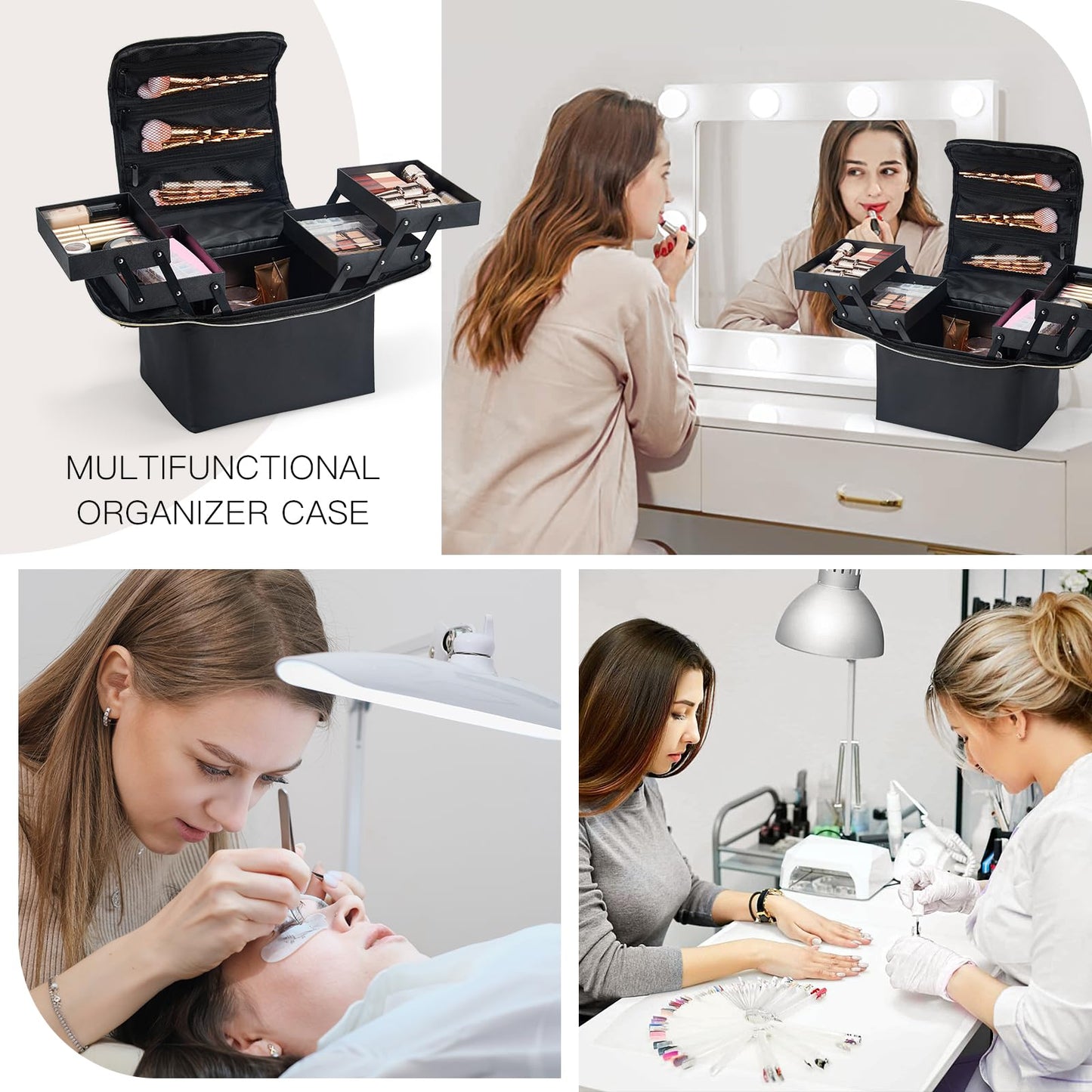 Yueieoun Large Makeup Train Case, Makeup Organizer Make up Box, 4 Tier Soft Cosmetic Case for Travel Makeup, Nail Art, Eyelash Extension, Tattoo Storage Bag with luggage sleeve, Black