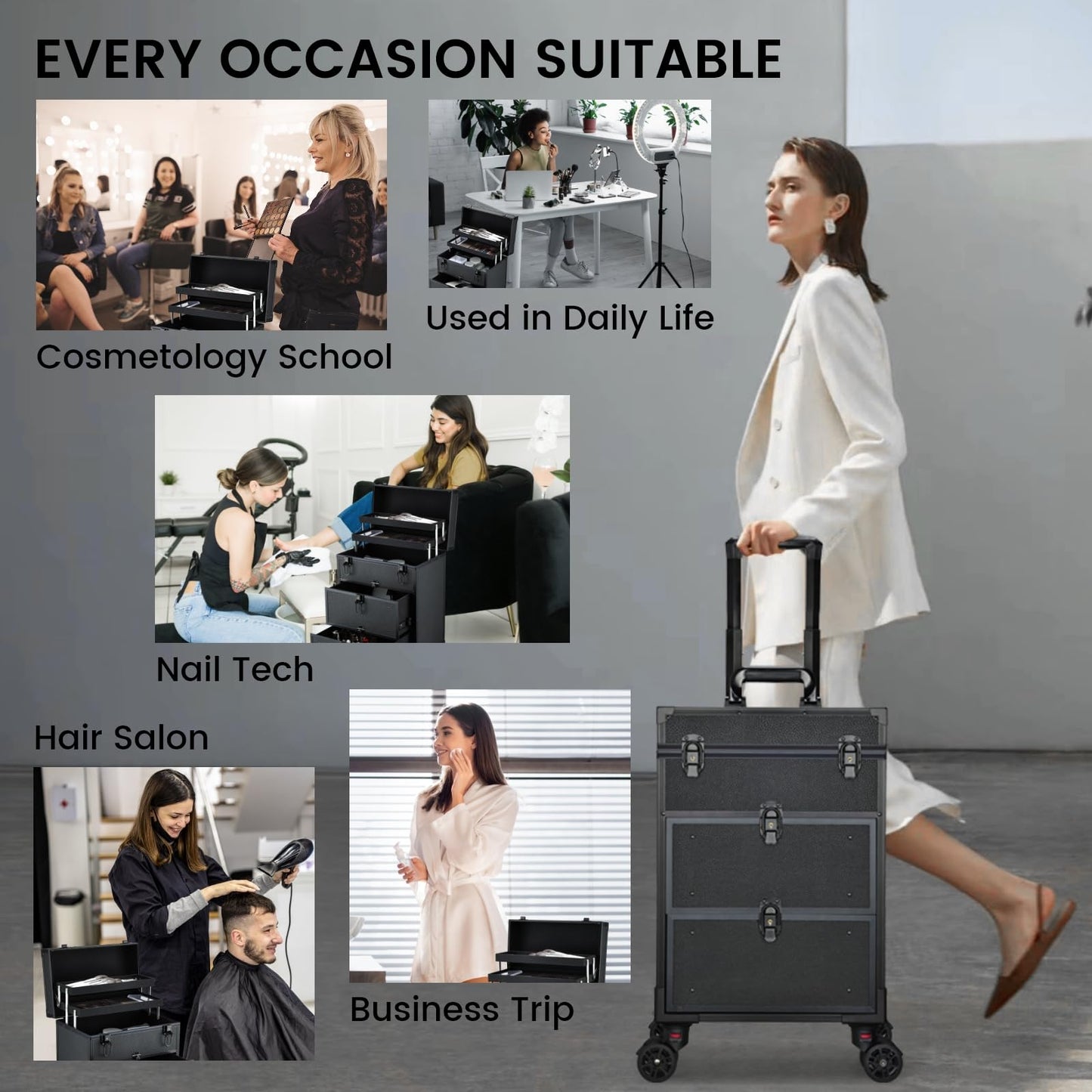 Yueieoun Rolling Makeup Train Case with 2 Extra Large Drawers Nail Organizer Case with Wheels Traveling Cosmetology Case with 2 Trays for Beauty Artist Nail Salon Sewing Cart Black
