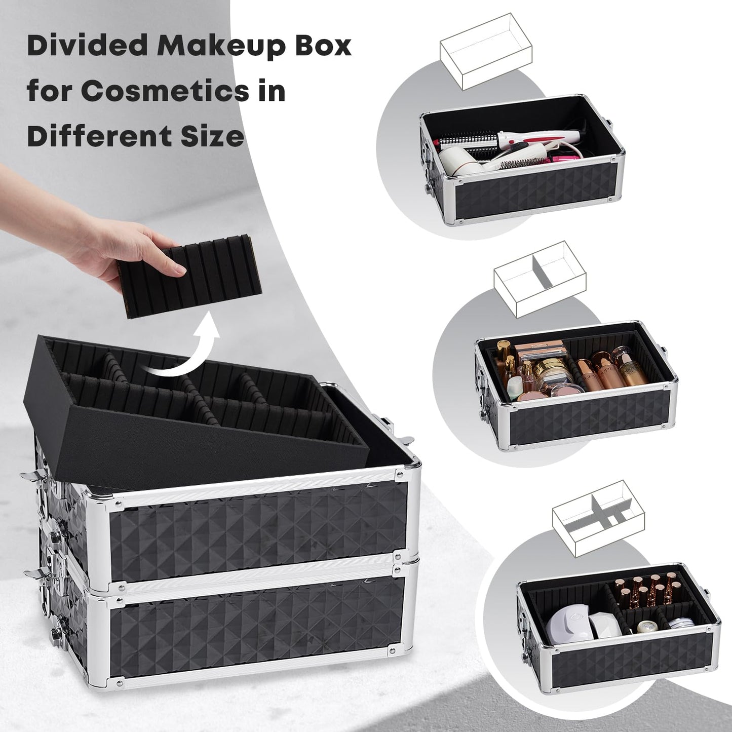 Yueieoun Rolling Makeup Train Case, 4-in-1 Rolling Makeup Case, Cosmetology Case on Wheels, Professional Train Case, Makeup Trolley Travel Cart with Key for MUA, Hairstylists, Nail Tech, Black