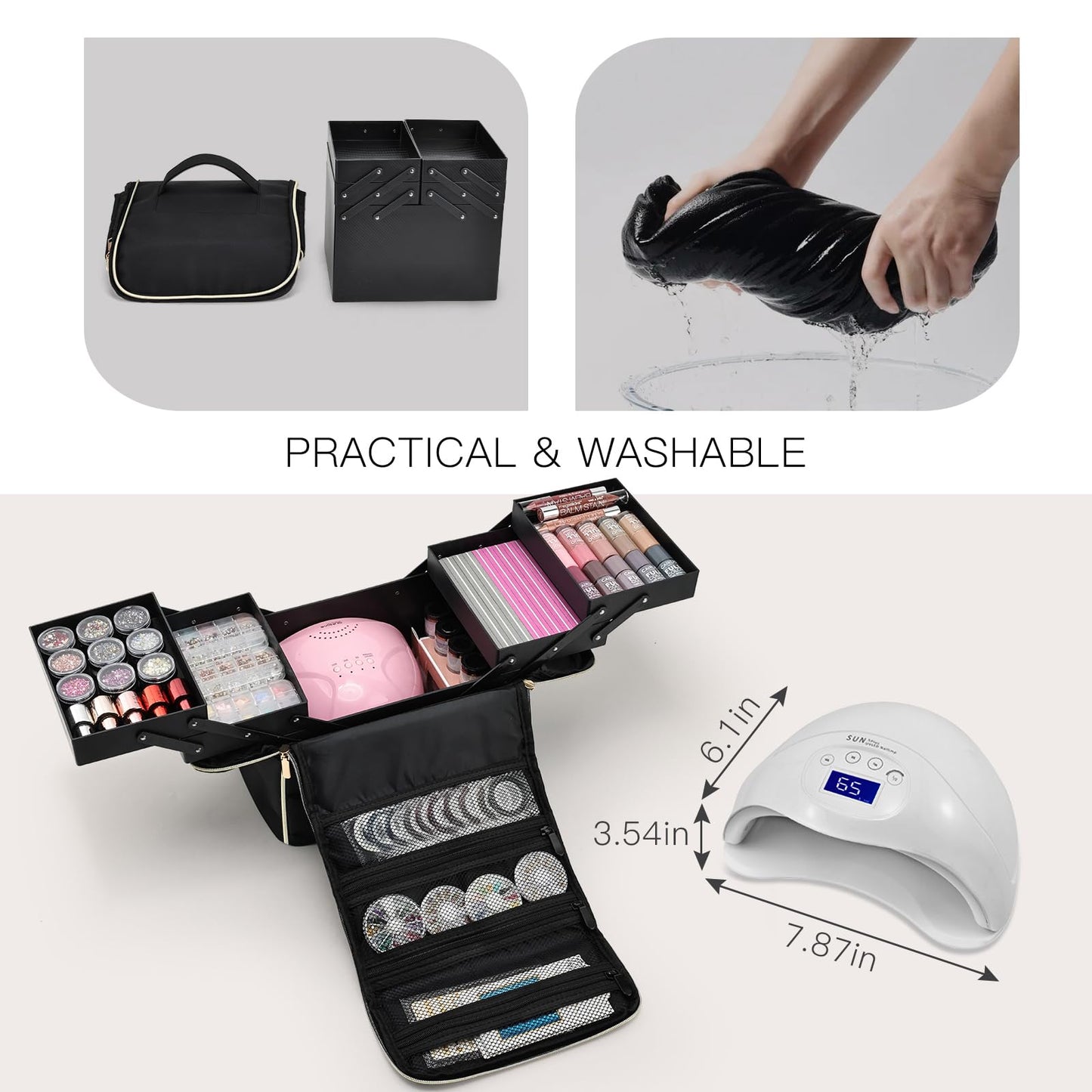Yueieoun Large Makeup Train Case, Makeup Organizer Make up Box, 4 Tier Soft Cosmetic Case for Travel Makeup, Nail Art, Eyelash Extension, Tattoo Storage Bag with luggage sleeve, Black