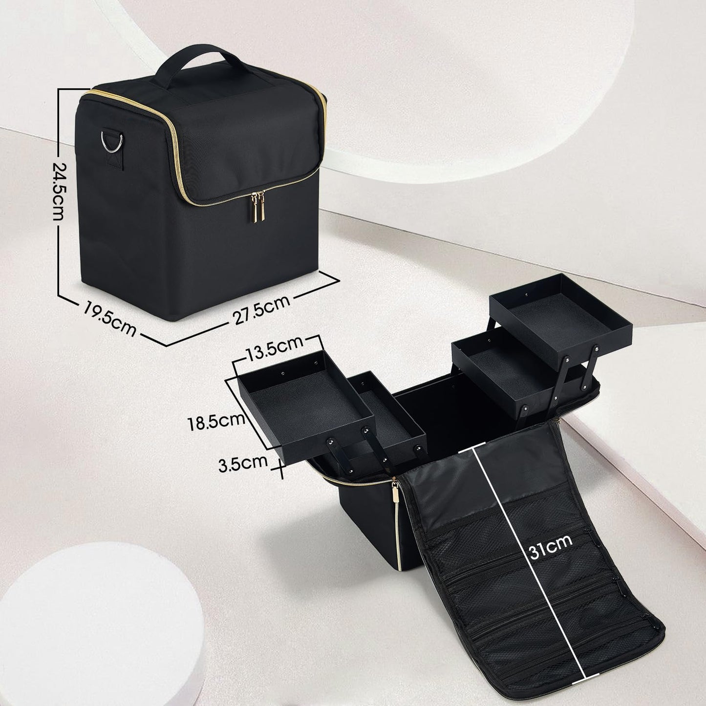 Yueieoun Large Makeup Train Case, Makeup Organizer Make up Box, 4 Tier Soft Cosmetic Case for Travel Makeup, Nail Art, Eyelash Extension, Tattoo Storage Bag with luggage sleeve, Black