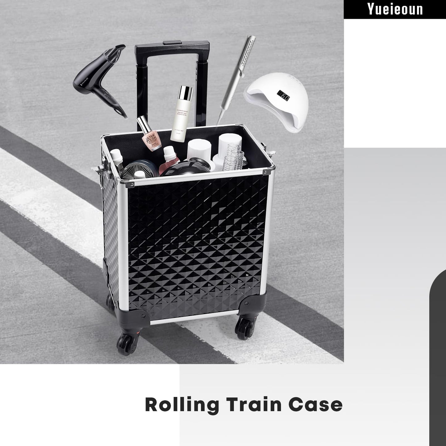 Yueieoun Rolling Makeup Train Case, 4-in-1 Rolling Makeup Case, Cosmetology Case on Wheels, Professional Train Case, Makeup Trolley Travel Cart with Key for MUA, Hairstylists, Nail Tech, Black