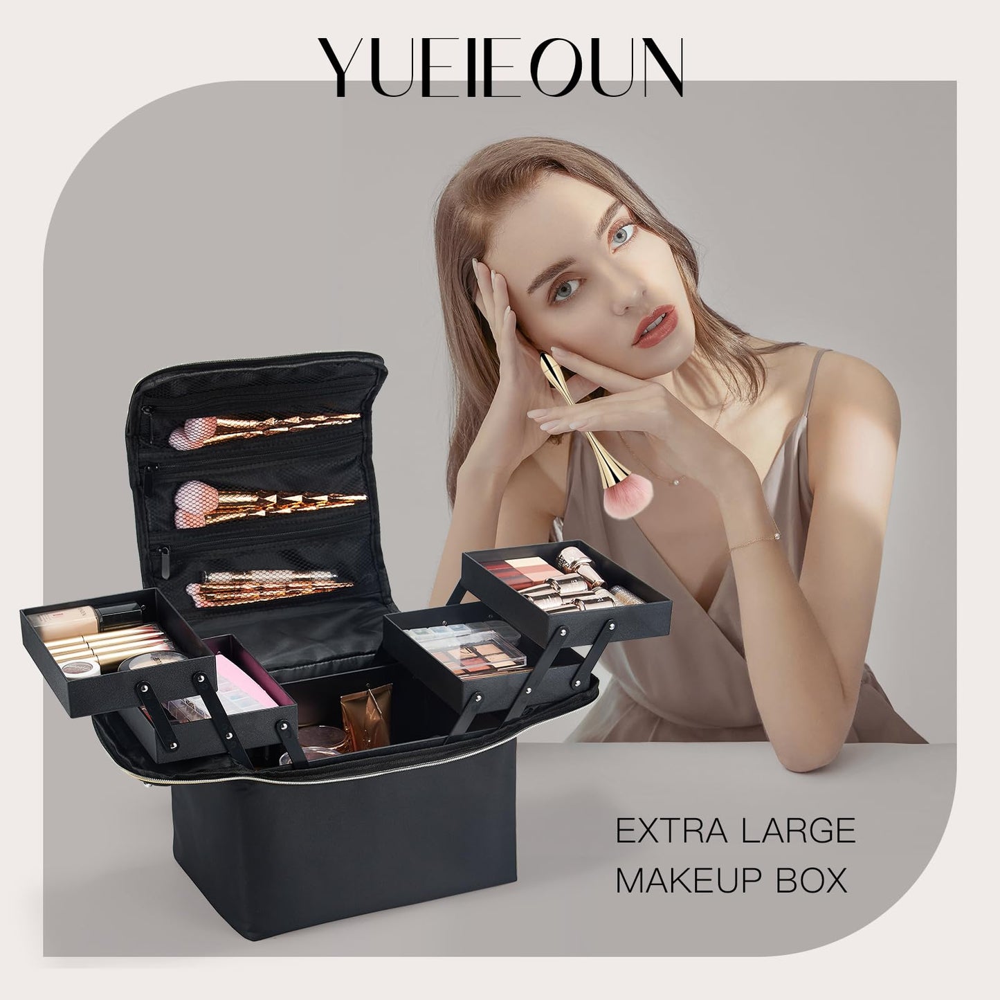 Yueieoun Large Makeup Train Case, Makeup Organizer Make up Box, 4 Tier Soft Cosmetic Case for Travel Makeup, Nail Art, Eyelash Extension, Tattoo Storage Bag with luggage sleeve, Black