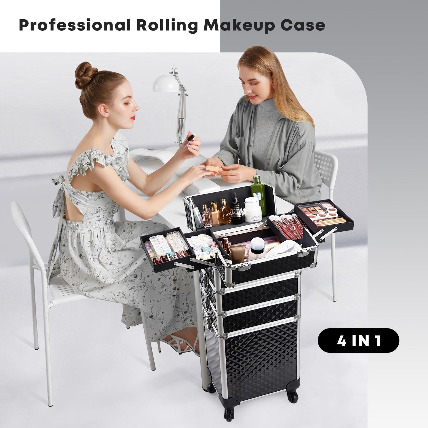 Yueieoun Rolling Makeup Train Case, 4-in-1 Rolling Makeup Case, Cosmetology Case on Wheels, Professional Train Case, Makeup Trolley Travel Cart with Key for MUA, Hairstylists, Nail Tech, Black
