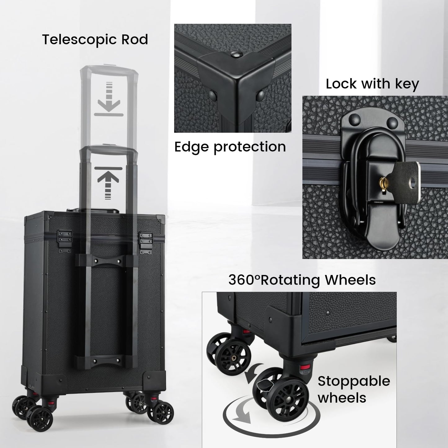 Yueieoun Rolling Makeup Train Case with 2 Extra Large Drawers Nail Organizer Case with Wheels Traveling Cosmetology Case with 2 Trays for Beauty Artist Nail Salon Sewing Cart Black