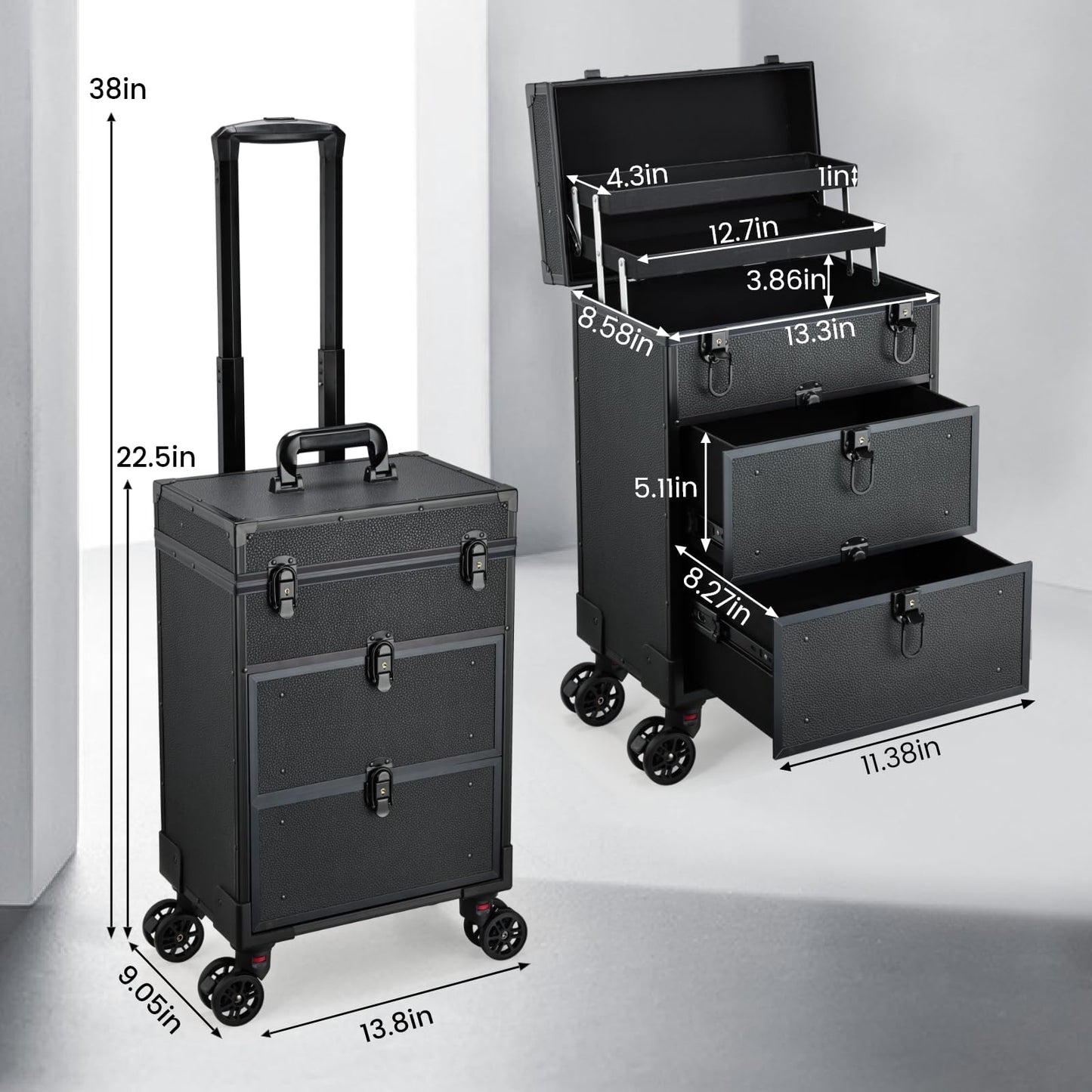 Yueieoun Rolling Makeup Train Case with 2 Extra Large Drawers Nail Organizer Case with Wheels Traveling Cosmetology Case with 2 Trays for Beauty Artist Nail Salon Sewing Cart Black