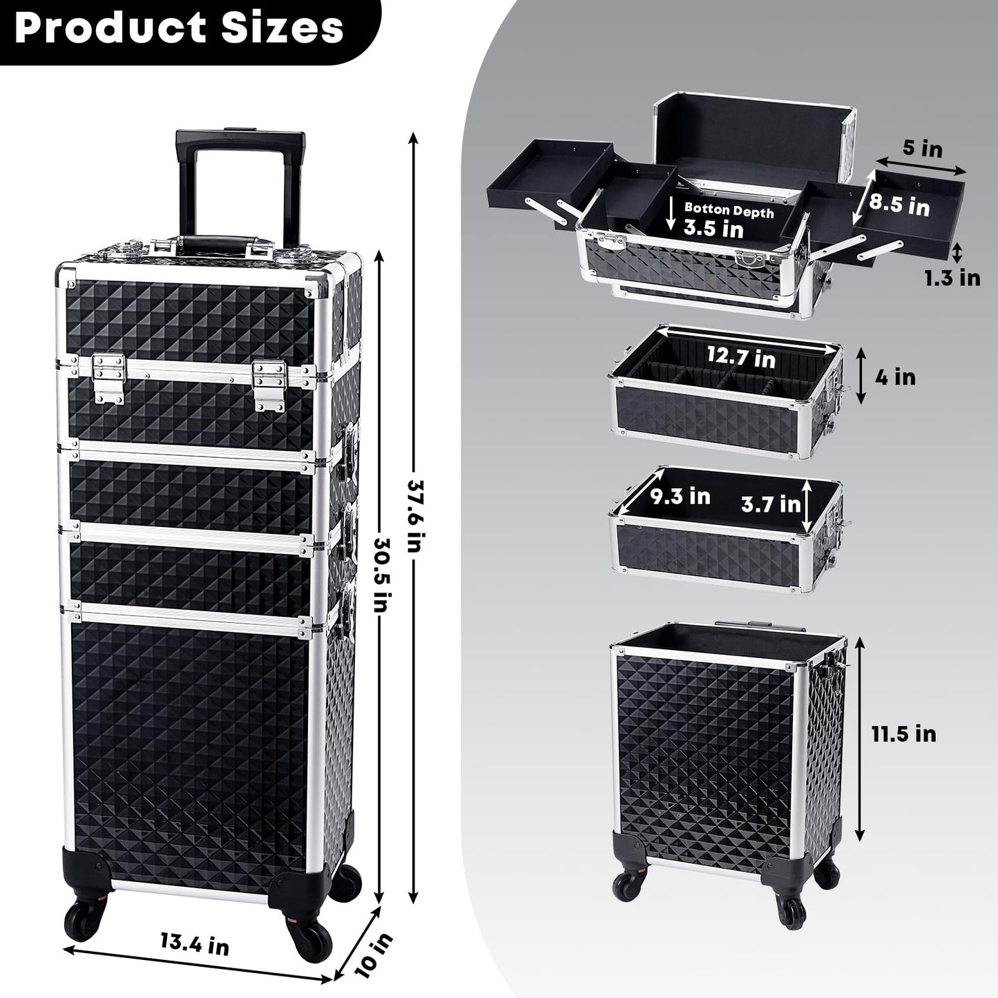 Yueieoun Rolling Makeup Train Case, 4-in-1 Rolling Makeup Case, Cosmetology Case on Wheels, Professional Train Case, Makeup Trolley Travel Cart with Key for MUA, Hairstylists, Nail Tech, Black