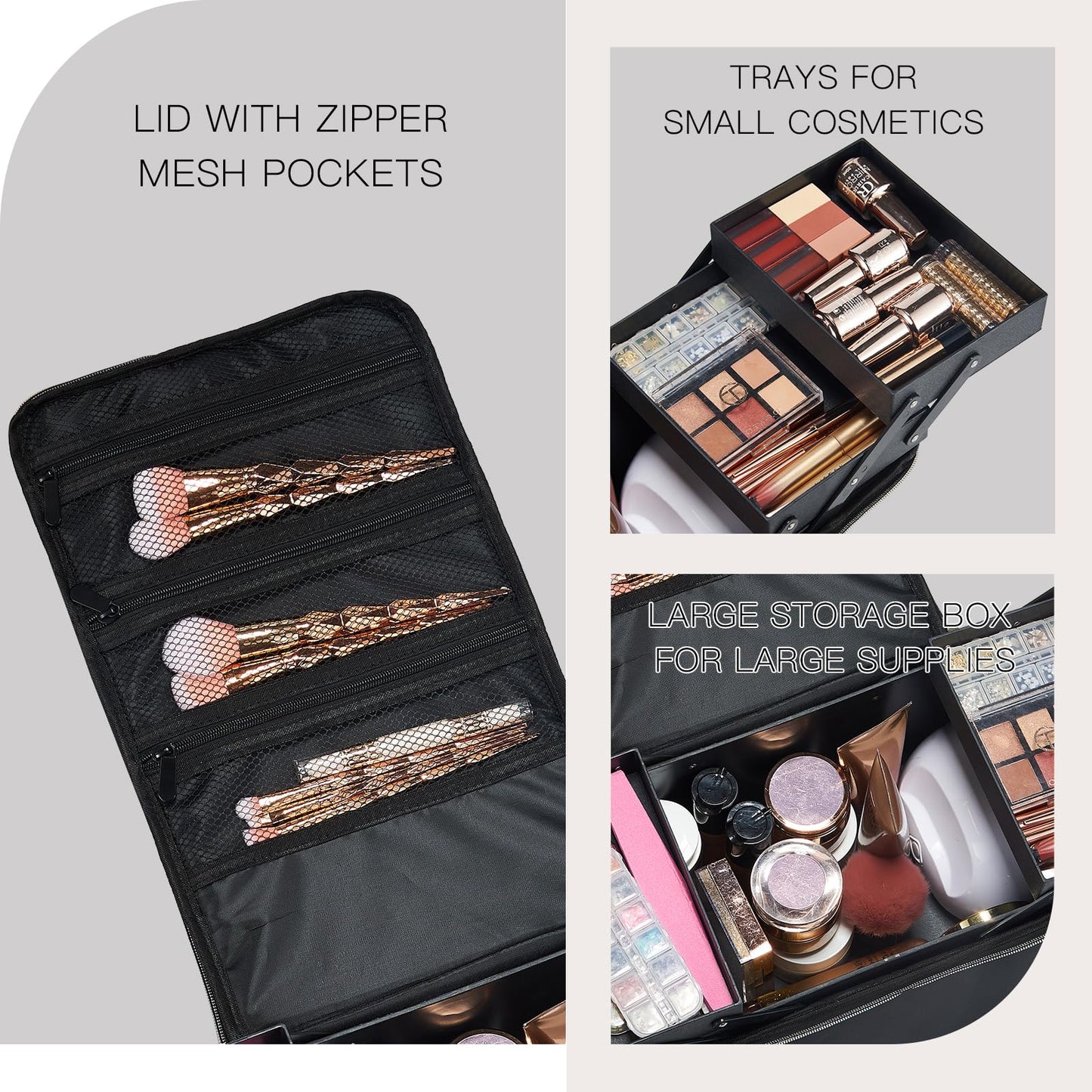 Yueieoun Large Makeup Train Case, Makeup Organizer Make up Box, 4 Tier Soft Cosmetic Case for Travel Makeup, Nail Art, Eyelash Extension, Tattoo Storage Bag with luggage sleeve, Black