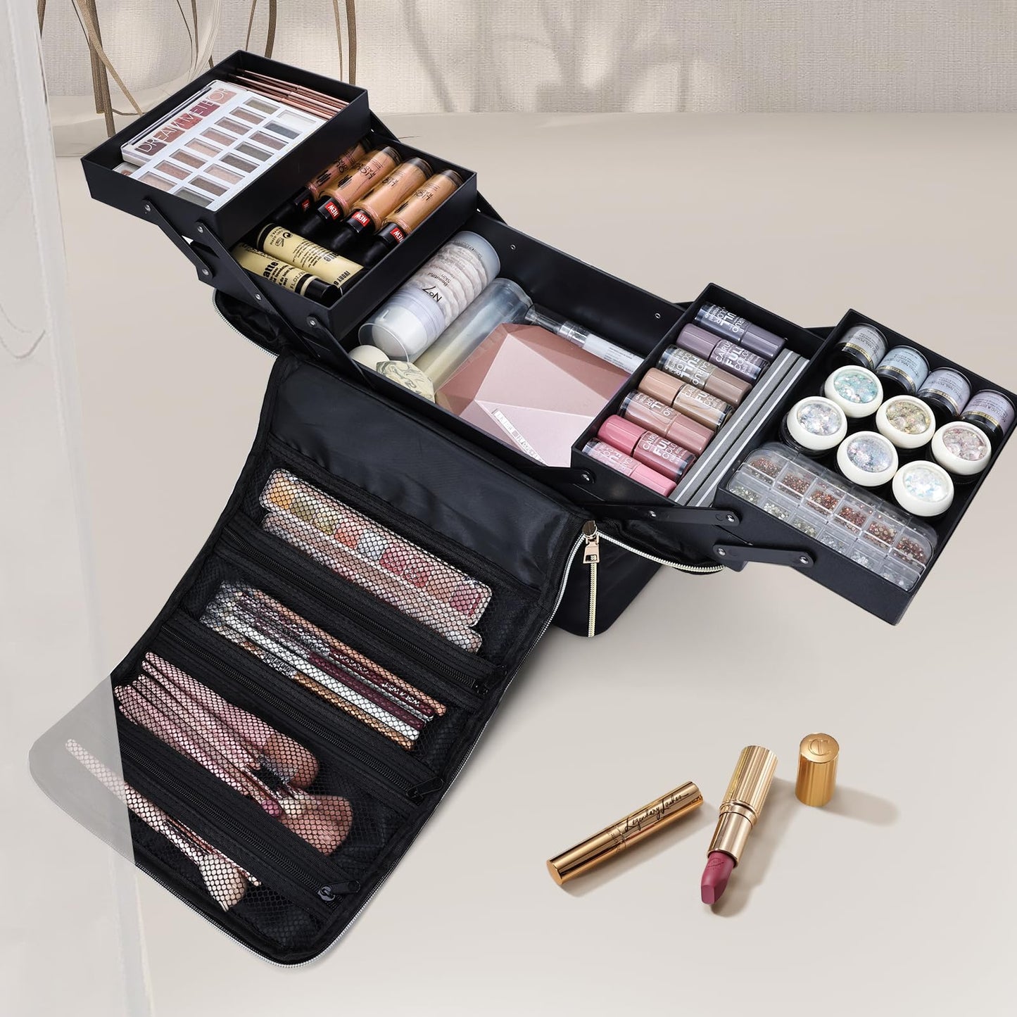 Yueieoun Large Makeup Train Case, Makeup Organizer Make up Box, 4 Tier Soft Cosmetic Case for Travel Makeup, Nail Art, Eyelash Extension, Tattoo Storage Bag with luggage sleeve, Black