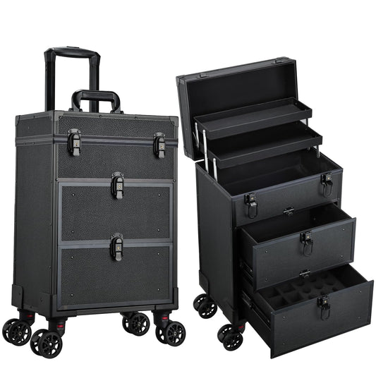 Yueieoun Rolling Makeup Train Case with 2 Extra Large Drawers Nail Organizer Case with Wheels Traveling Cosmetology Case with 2 Trays for Beauty Artist Nail Salon Sewing Cart Black