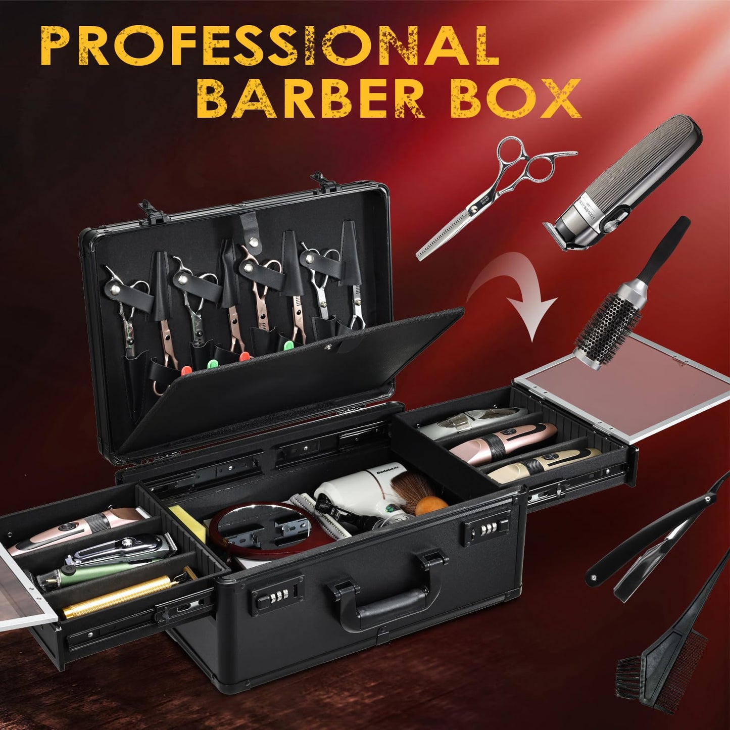 Yueieoun Barber Case 6 Clippers Sliding Tray, Profesional Barbers Briefcase Tool Case, Barber Cases for Clippers and Supplies, Hair Scissors Trimmer Organizer, Salon Hair Grooming Hard Travel Suitcase