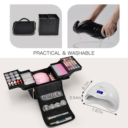 Yueieoun Large Makeup Train Case, Makeup Organizer Make up Box, 4 Tier Soft Cosmetic Case for Travel Makeup, Nail Art, Eyelash Extension, Tattoo Storage Bag with luggage sleeve, Black