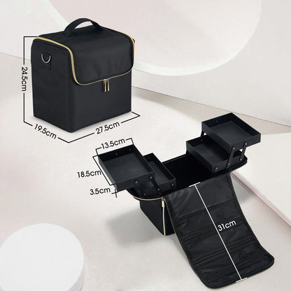 Yueieoun Large Makeup Train Case, Makeup Organizer Make up Box, 4 Tier Soft Cosmetic Case for Travel Makeup, Nail Art, Eyelash Extension, Tattoo Storage Bag with luggage sleeve, Black