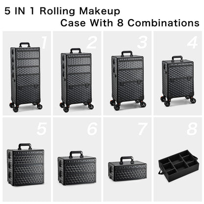 Yueieoun 5 in 1 Professional Makeup Train Case on Wheels, Extra Large Cosmetic Case Aluminum Rolling Makeup Case Trolley Makeup Travel Organizer with 360° Swivel Wheels, Black