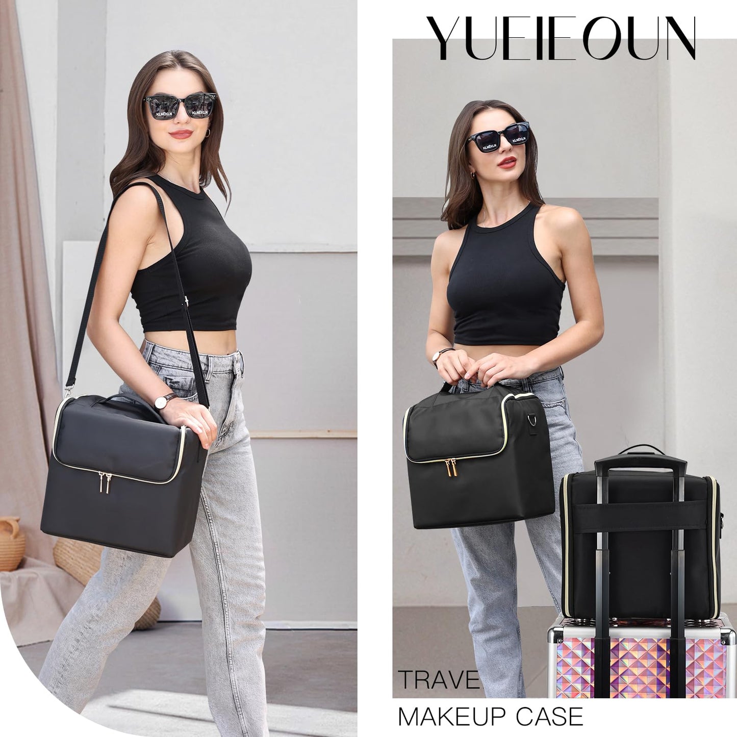 Yueieoun Large Makeup Train Case, Makeup Organizer Make up Box, 4 Tier Soft Cosmetic Case for Travel Makeup, Nail Art, Eyelash Extension, Tattoo Storage Bag with luggage sleeve, Black