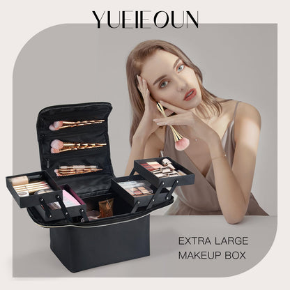 Yueieoun Large Makeup Train Case, Makeup Organizer Make up Box, 4 Tier Soft Cosmetic Case for Travel Makeup, Nail Art, Eyelash Extension, Tattoo Storage Bag with luggage sleeve, Black