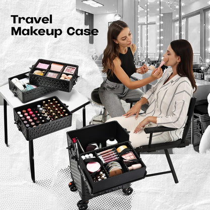 Yueieoun 5 in 1 Professional Makeup Train Case on Wheels, Extra Large Cosmetic Case Aluminum Rolling Makeup Case Trolley Makeup Travel Organizer with 360° Swivel Wheels, Black