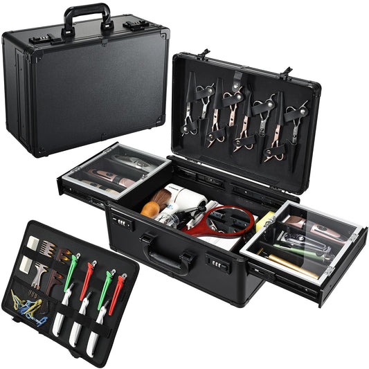 Yueieoun Barber Case 6 Clippers Sliding Tray, Profesional Barbers Briefcase Tool Case, Barber Cases for Clippers and Supplies, Hair Scissors Trimmer Organizer, Salon Hair Grooming Hard Travel Suitcase