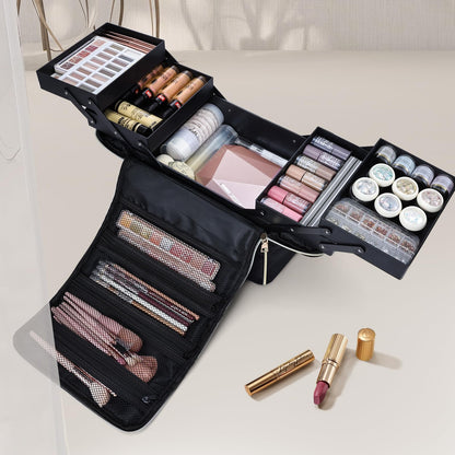 Yueieoun Large Makeup Train Case, Makeup Organizer Make up Box, 4 Tier Soft Cosmetic Case for Travel Makeup, Nail Art, Eyelash Extension, Tattoo Storage Bag with luggage sleeve, Black